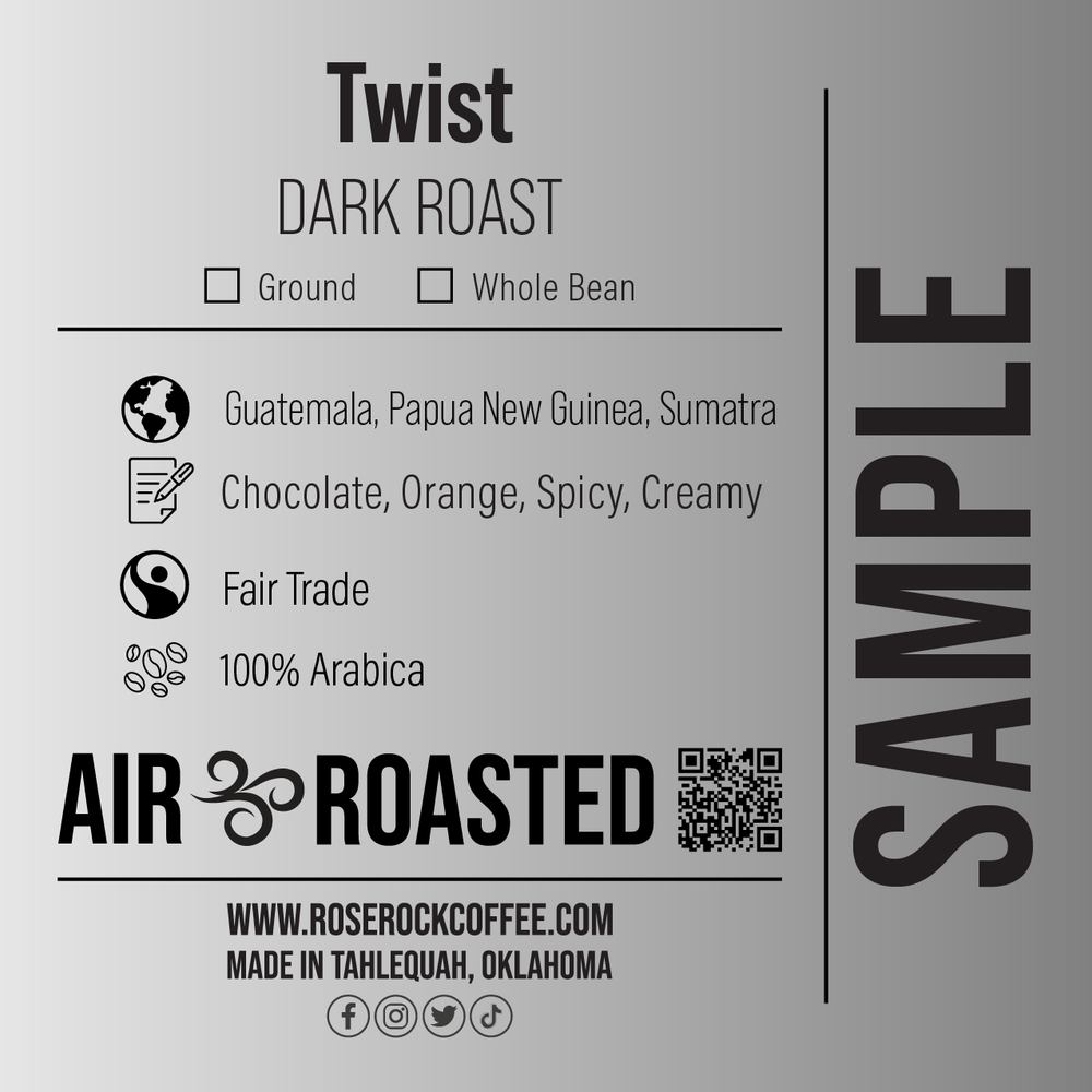 
                  
                    Twist | Whole Bean Coffee | Dark Roast | Rose Rock Coffee | Air Roasted | 12oz | 1lb | 5lb | Sample
                  
                