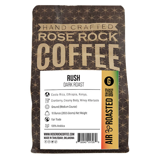 RUSH | Ground Coffee | Dark Roast | Rose Rock Coffee | Air Roasted | 12oz | 1lb | 5lb | Sample
