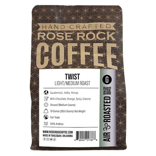
                  
                    Twist | Ground Coffee | Dark Roast | Rose Rock Coffee | Air Roasted | 10oz | 12oz | 1lb | 5lb | Sample
                  
                