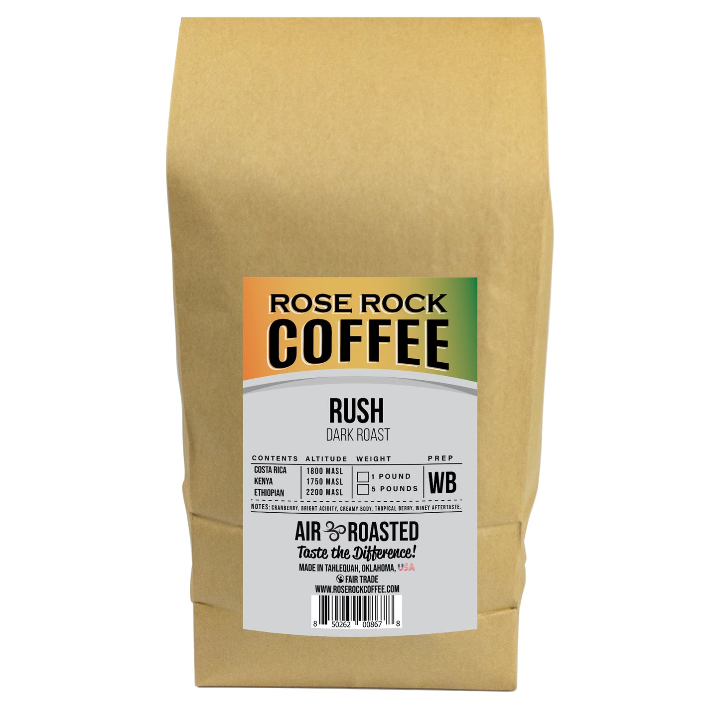 
                  
                    RUSH | Whole Bean Coffee | Dark Roast | Rose Rock Coffee | Air Roasted | 12oz | 1lb | 5lb | Sample
                  
                